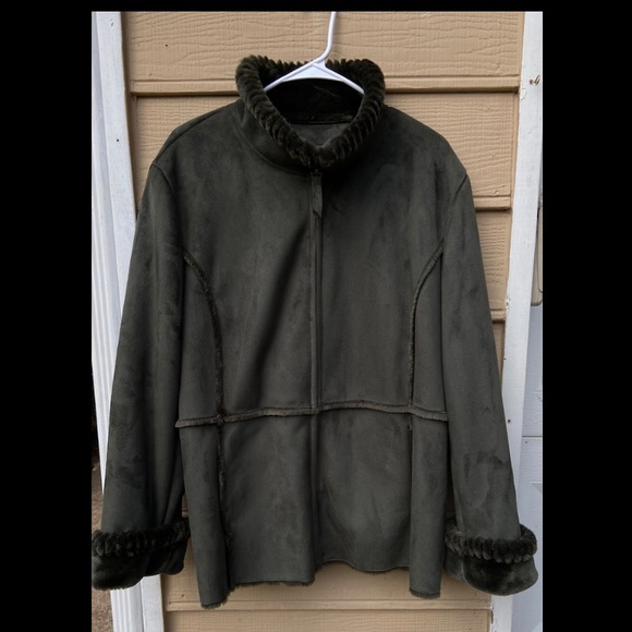 Liz Claiborne Faux Sued Green Faux Fur Coat Jacket - Picture 1 of 8